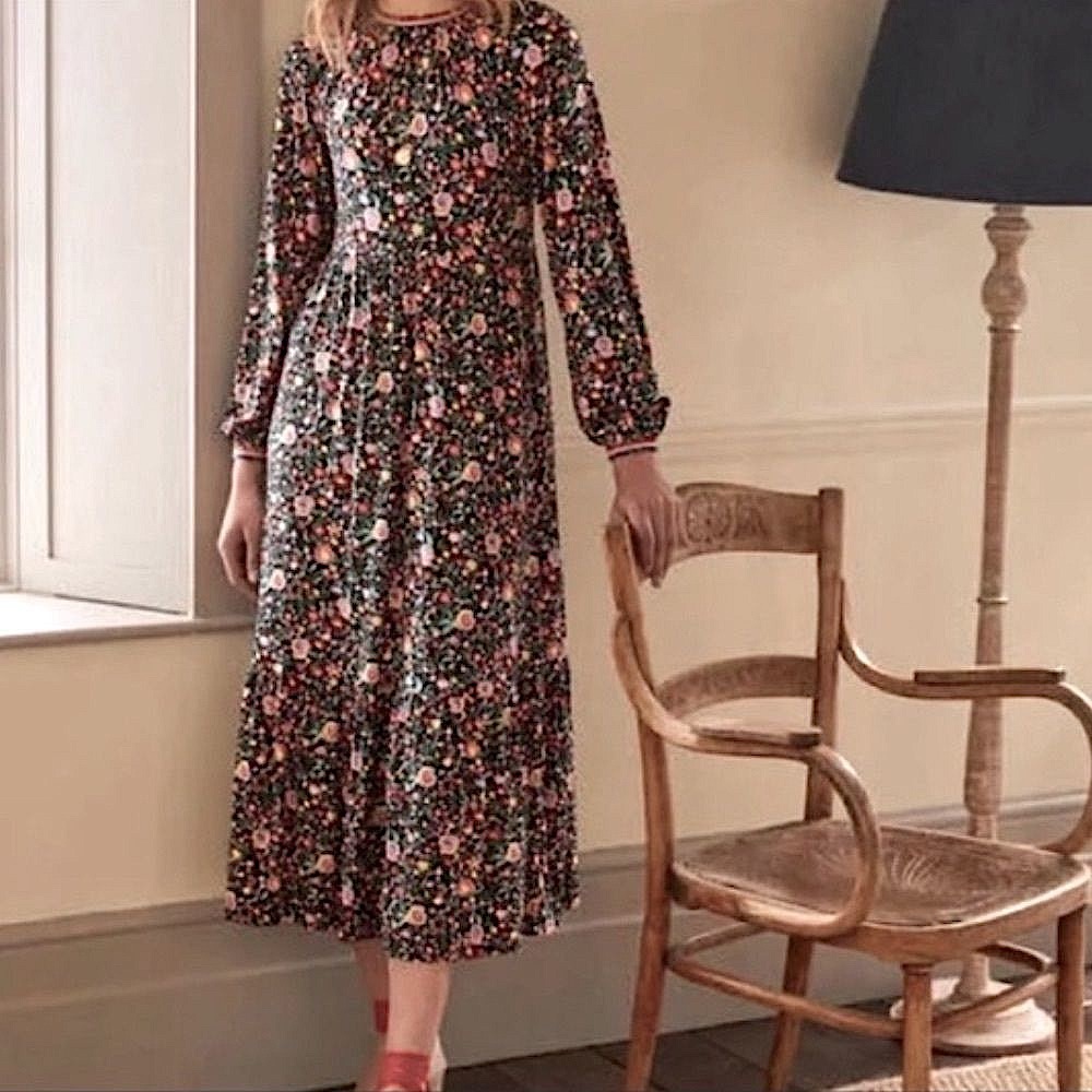 Boden Trim Detail Maxi Dress Black, Multi Floral Bloom Soft Jersey Knit Size 4 - Picture 4 of 16